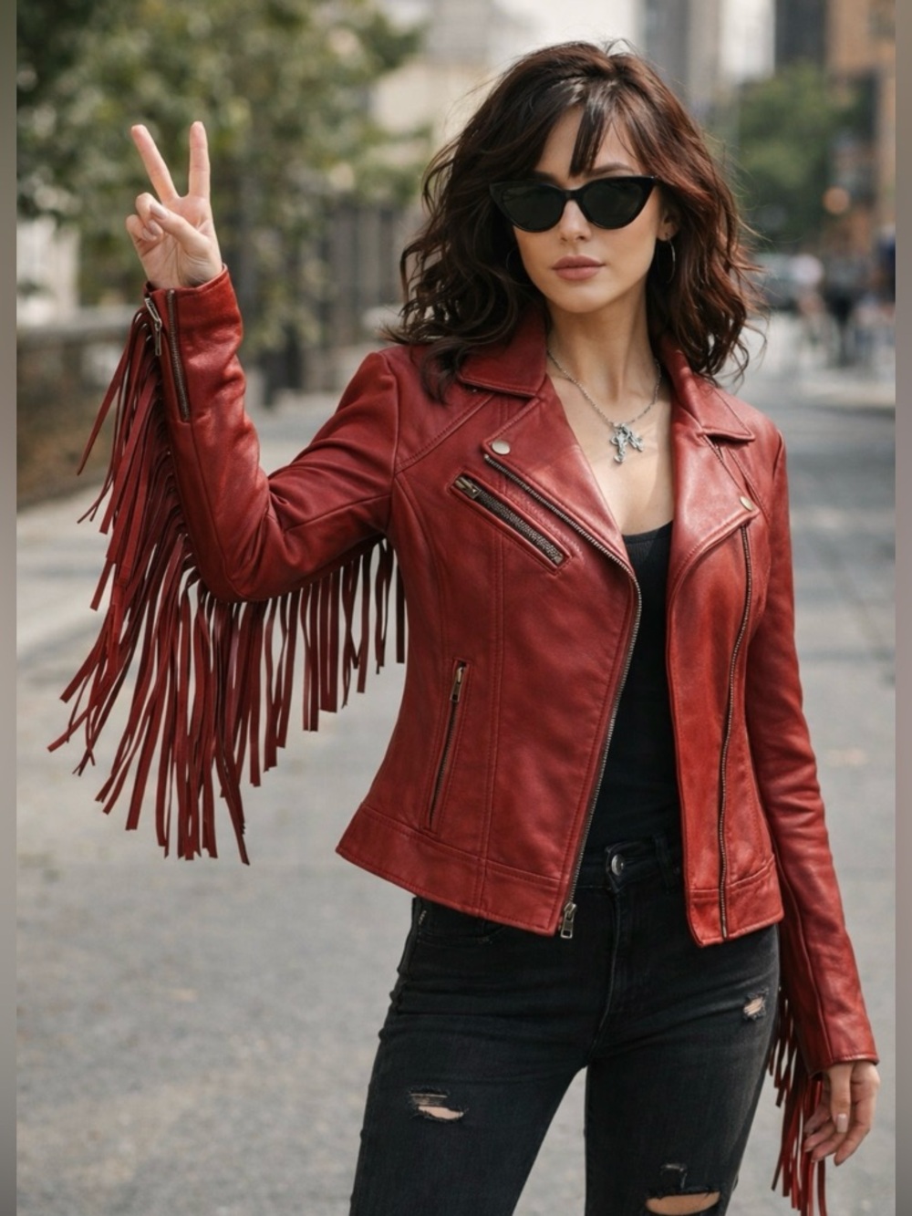 Whet Blu Daisy Red Genuine Leather Fringe Moto Jacket SZ Medium Rocker Chic EUC